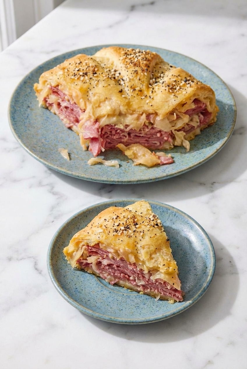 A warm slice of reuben crescent bake served on a white plate with a side of Thousand Island dressing.