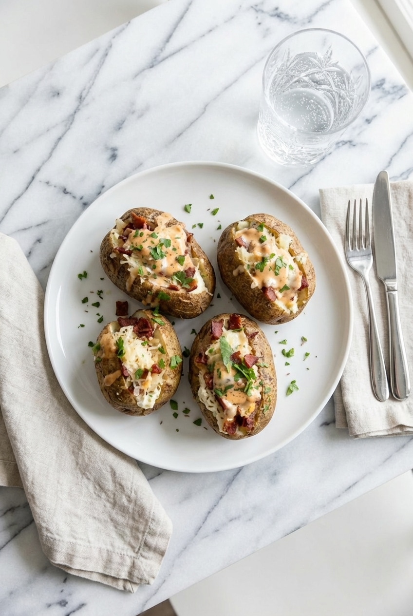 Plated Reuben Stuffed Baked Potatoes resting on a rustic dining table, ready to be enjoyed for a cozy weeknight dinner.