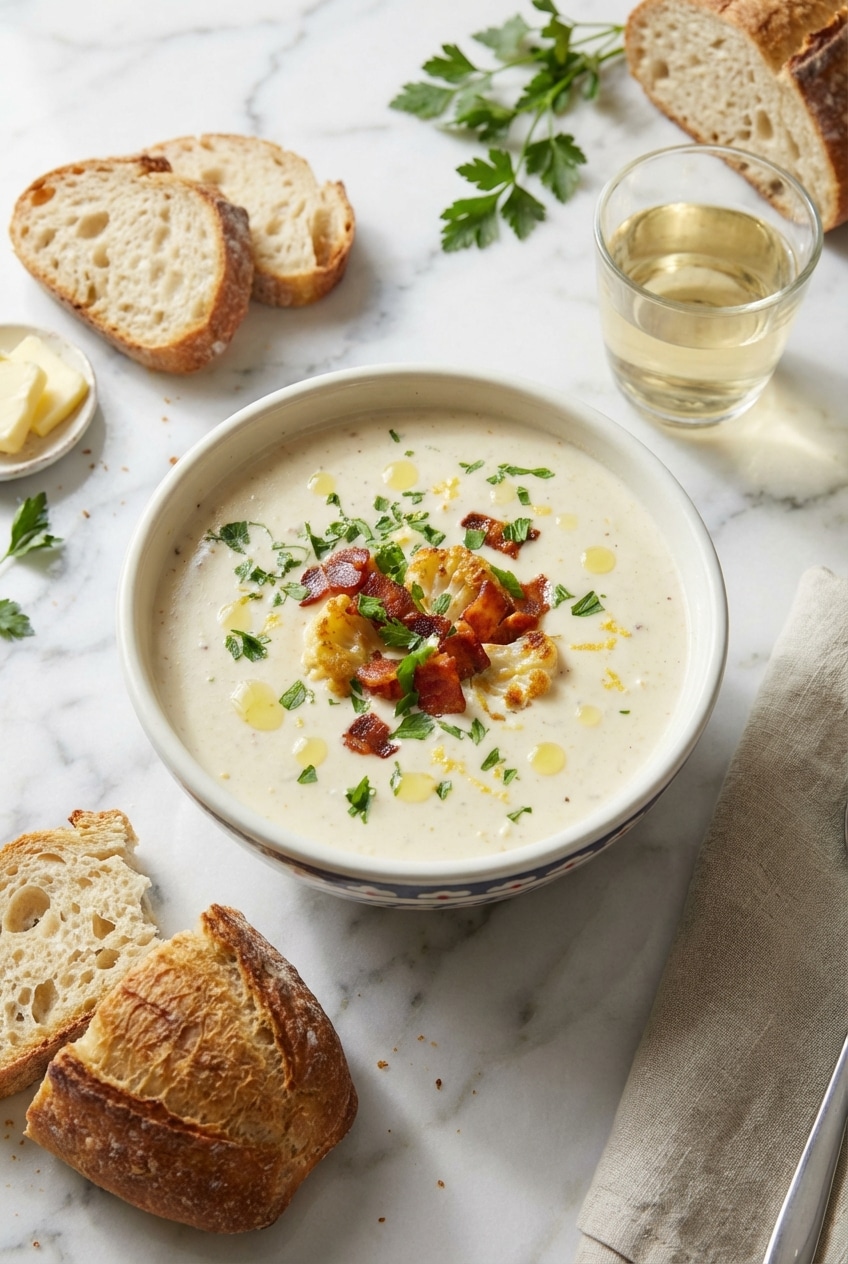 A bowl of roasted cauliflower soup served on a rustic table with a side of crusty bread.