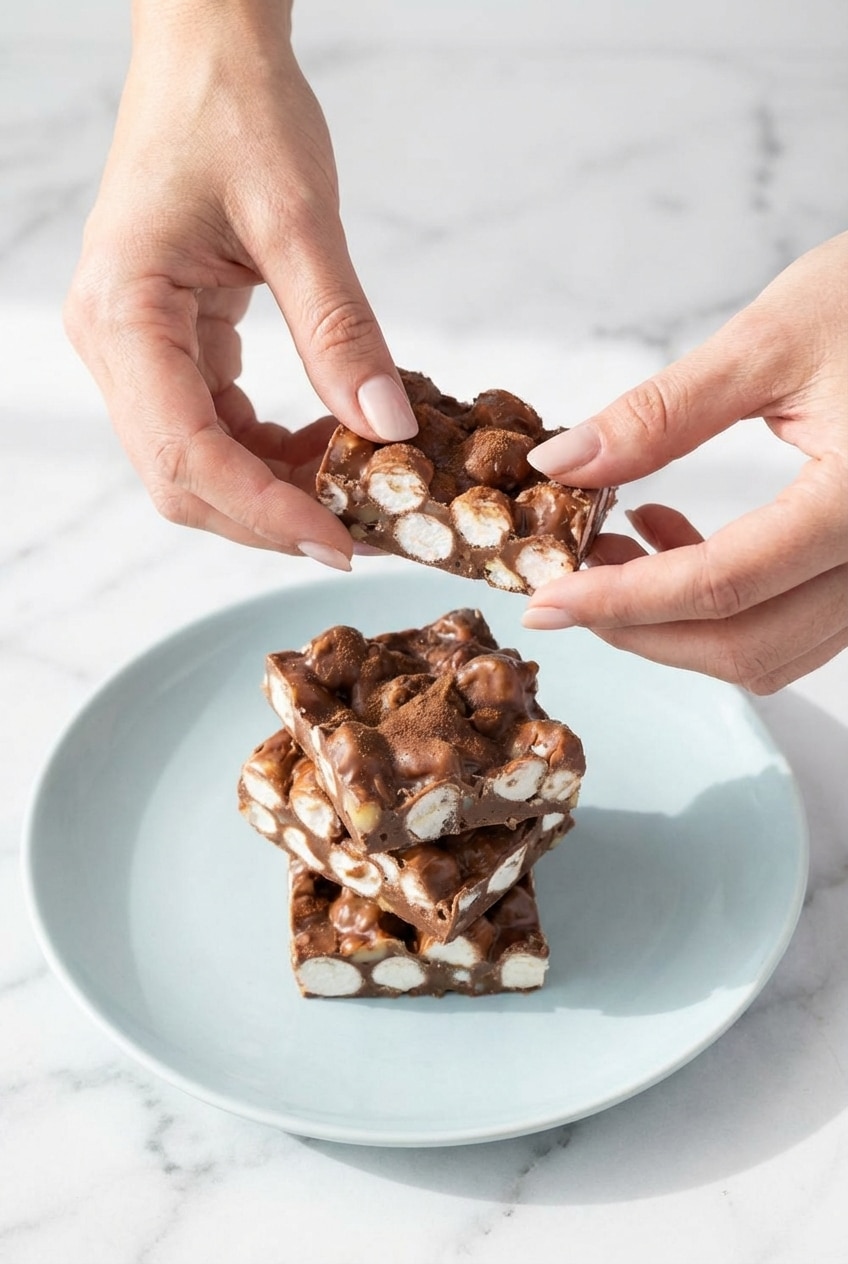 Squares of espresso rocky road fudge stacked on a serving platter for a holiday party.
