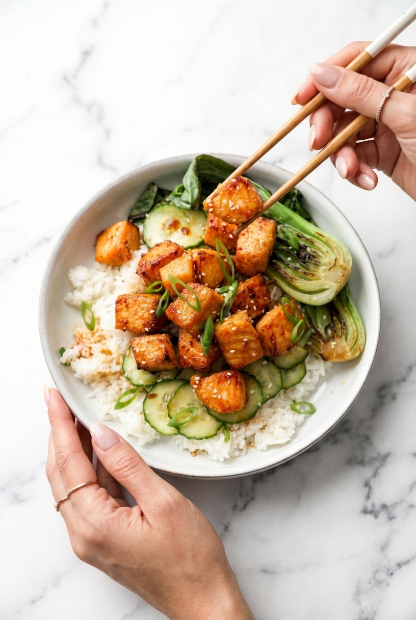 A vibrant poke bowl featuring salmon bites served over rice with a drizzle of sriracha mayo.