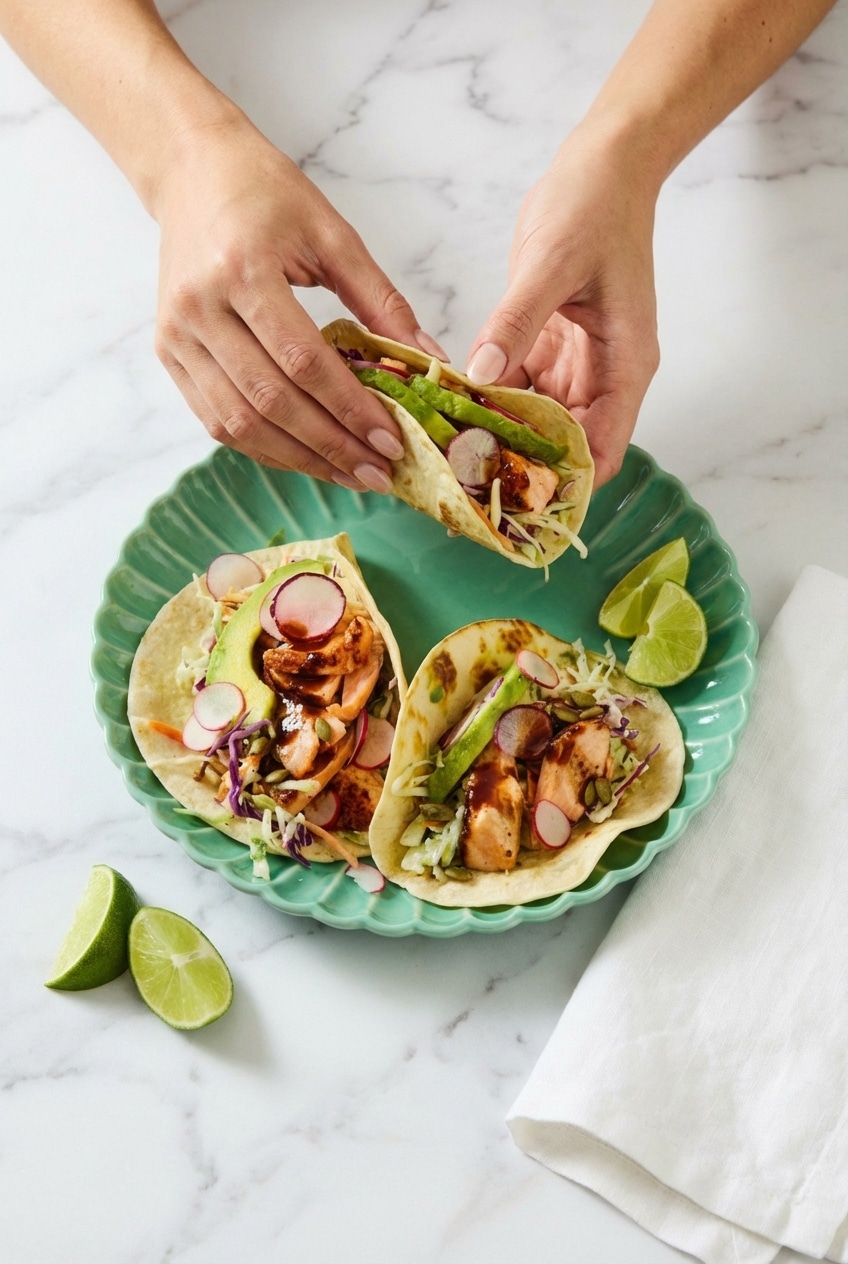 Platter of salmon tacos served family-style with extra lime wedges and a side of Greek yogurt sauce.