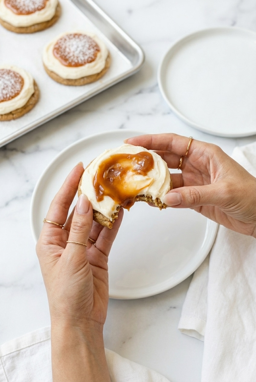 Serving platter of Salted Caramel Cheesecake Cookies finished with a drizzle of salted caramel sauce.