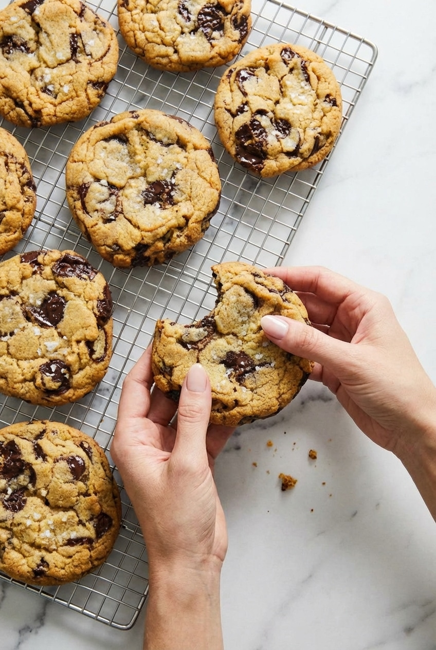A fresh batch of sea salt chocolate chip cookies arranged on a cooling rack ready for serving.