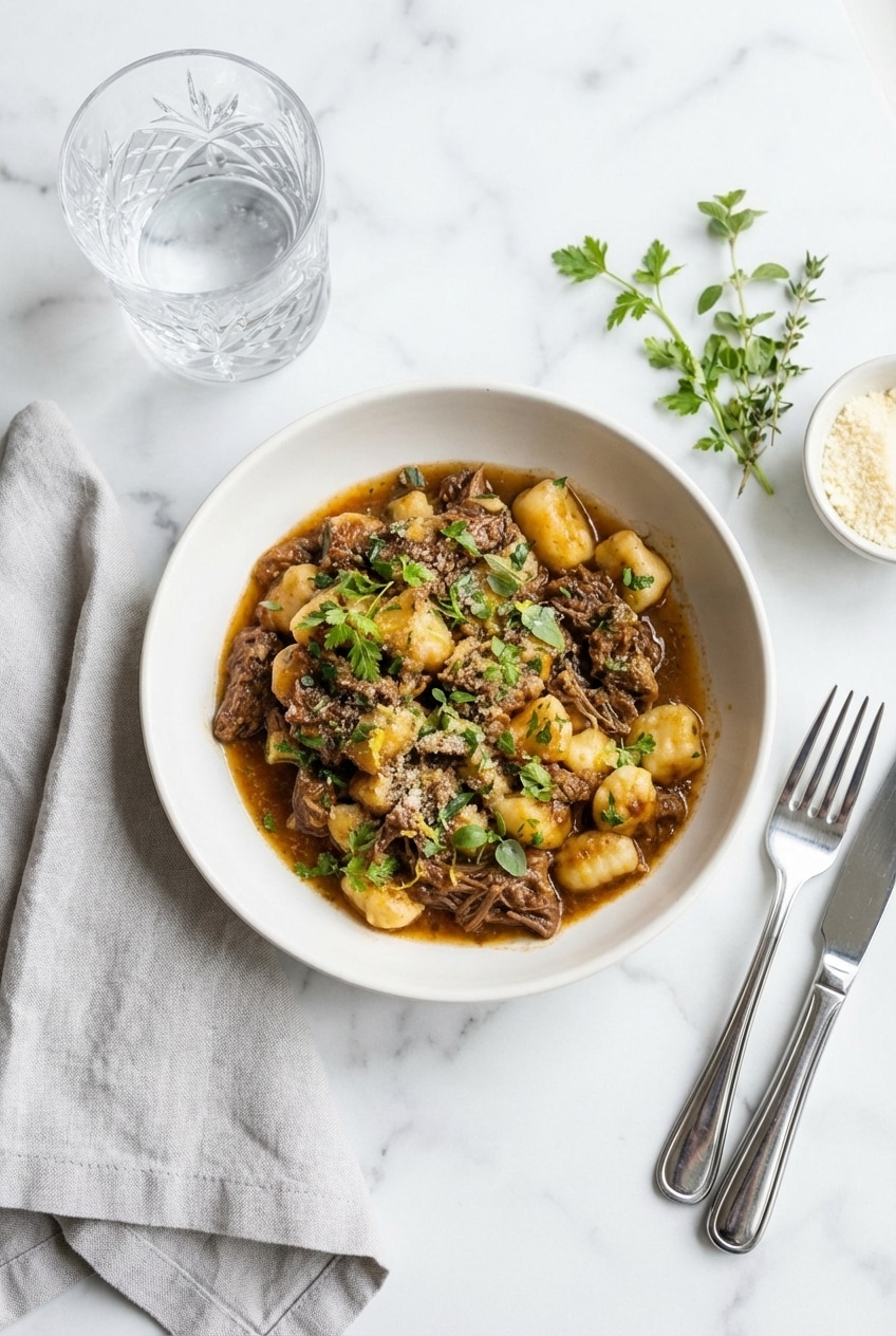 A comforting bowl of Short Rib Ragu served for a cozy dinner on a rustic tabletop.