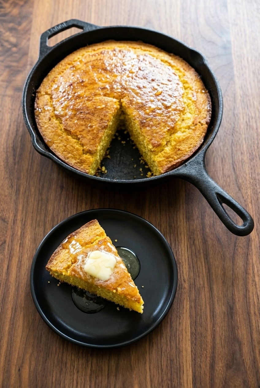 Sliced skillet cornbread served warm on a wooden board, ready for a cozy family dinner.