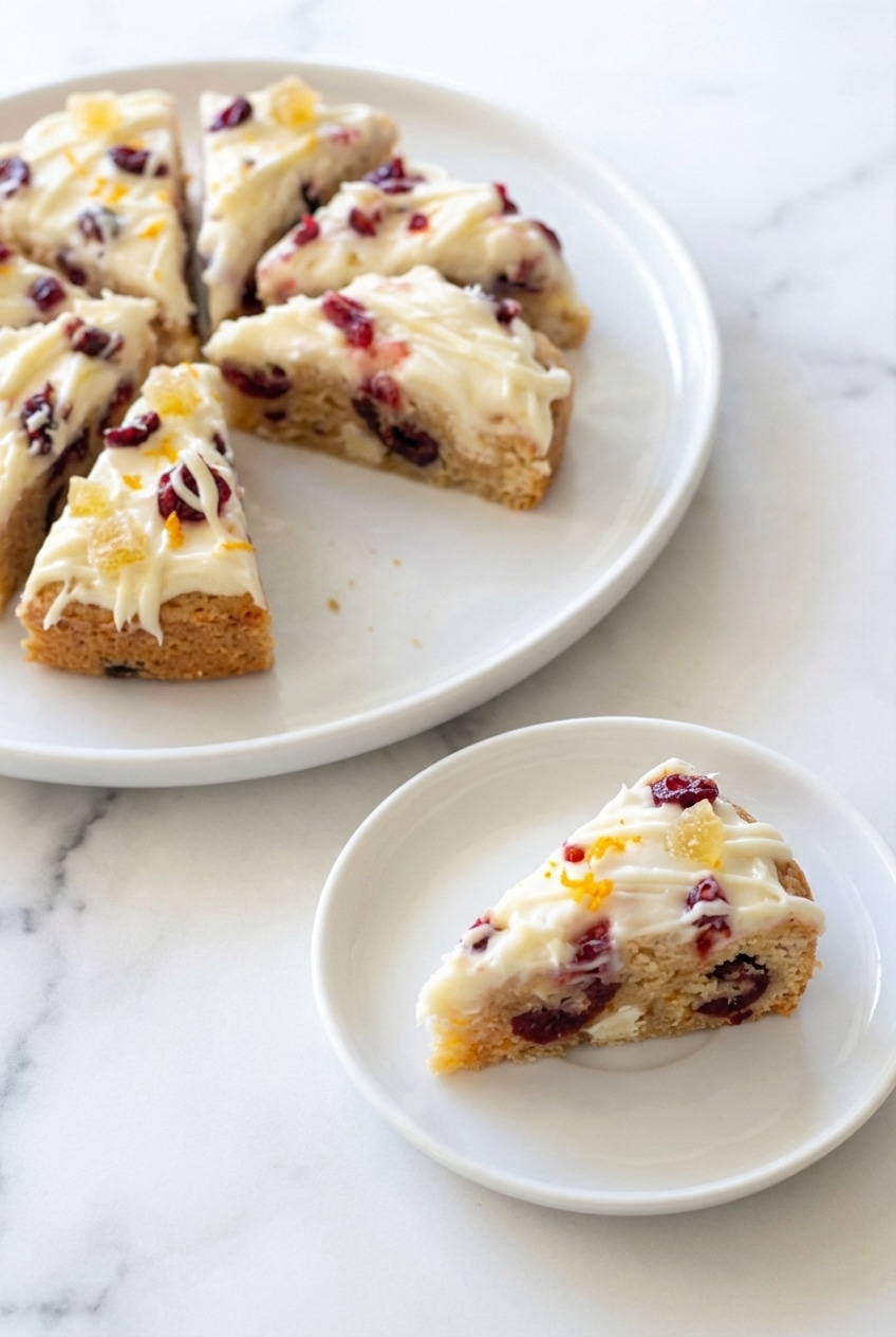 Triangular slices of our cranberry bliss bars recipe stacked neatly on a holiday serving platter ready for guests.