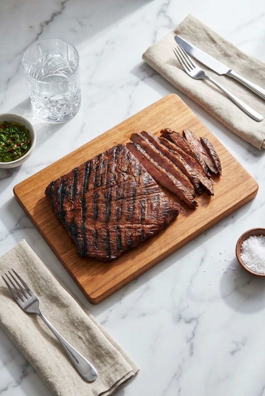 Sliced marinated flank steak arranged on a platter ready for family dinner serving