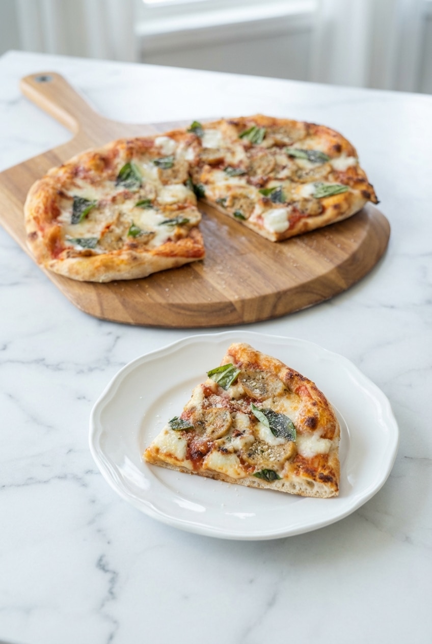 Slices of protein pizza served on a rustic wooden board, perfect for a healthy and comforting weeknight dinner.