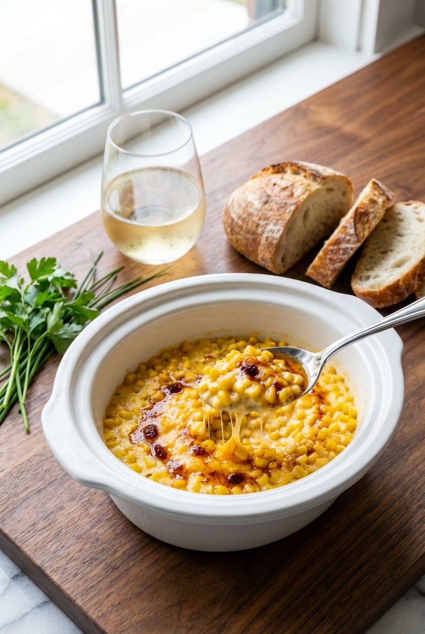A serving spoon scooping slow cooker cheddar corn from a large white bowl set on a dinner table for a holiday meal.
