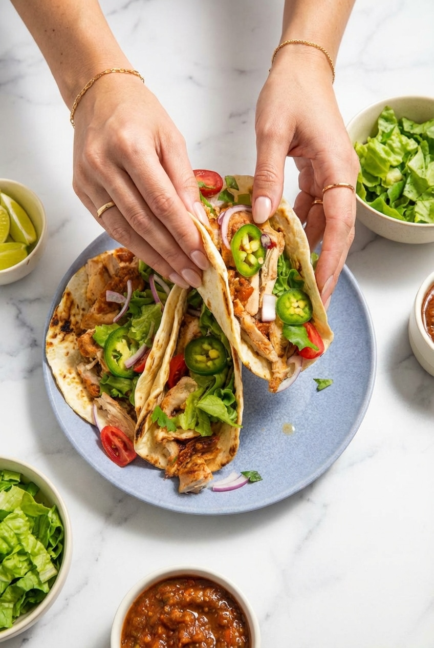 Slow Cooker Chicken Tacos served on corn tortillas with fresh cilantro and lime wedges.