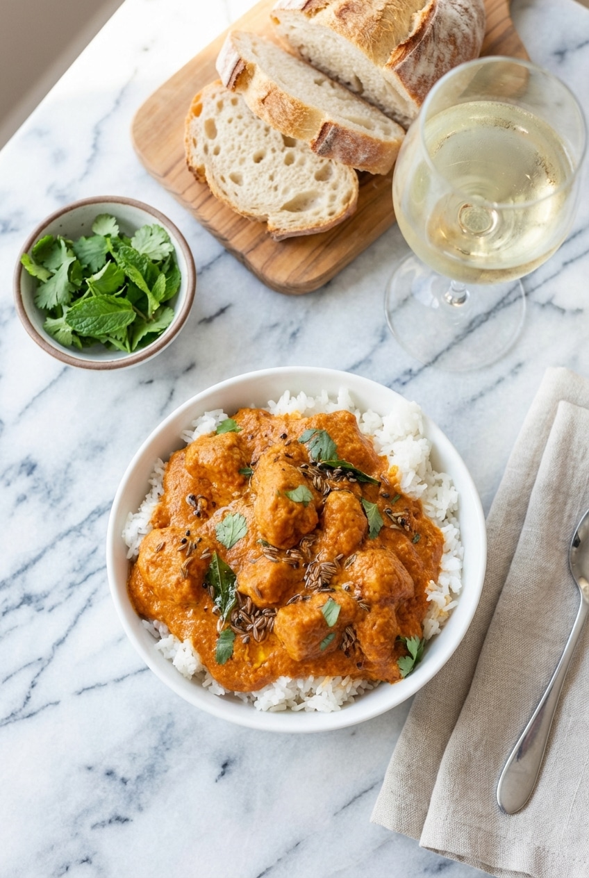 Slow cooker chicken tikka masala served over fluffy basmati rice in a meal prep container.