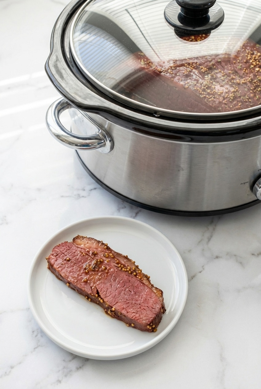 Platter of slow cooker corned beef served with cabbage wedges and flavorful pot liquor.