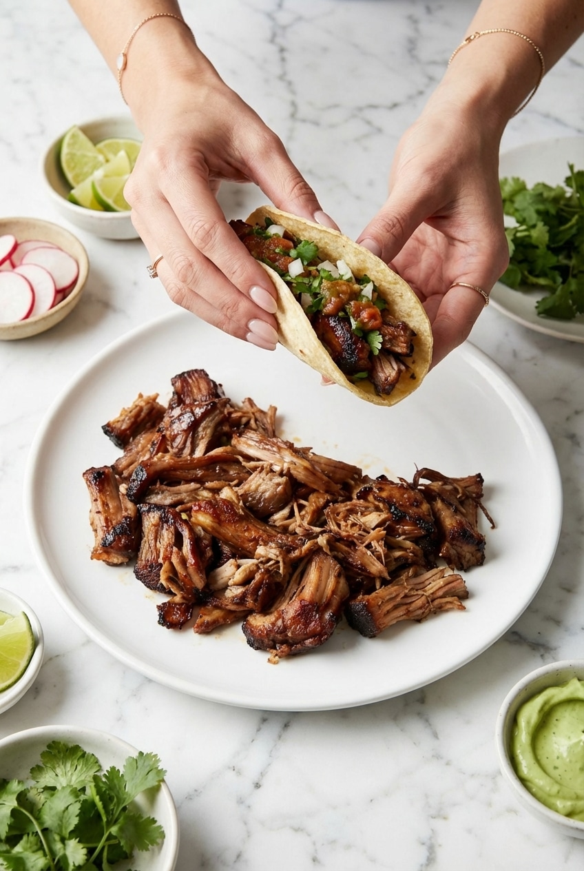 Shredded slow cooker pork carnitas served in warm tortillas with lime wedges and fresh cilantro.