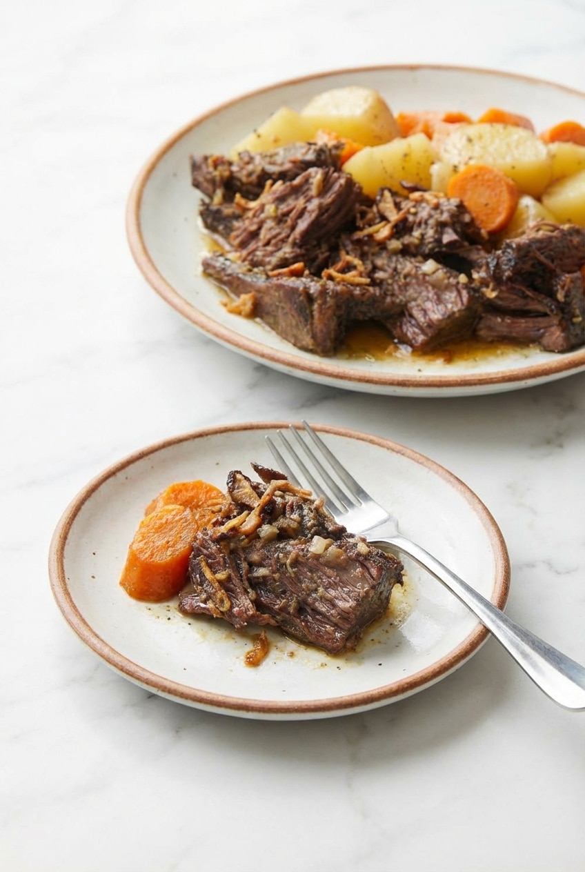 A warm serving of Slow Cooker Pot Roast with rich gravy and tender Yukon Gold potatoes.
