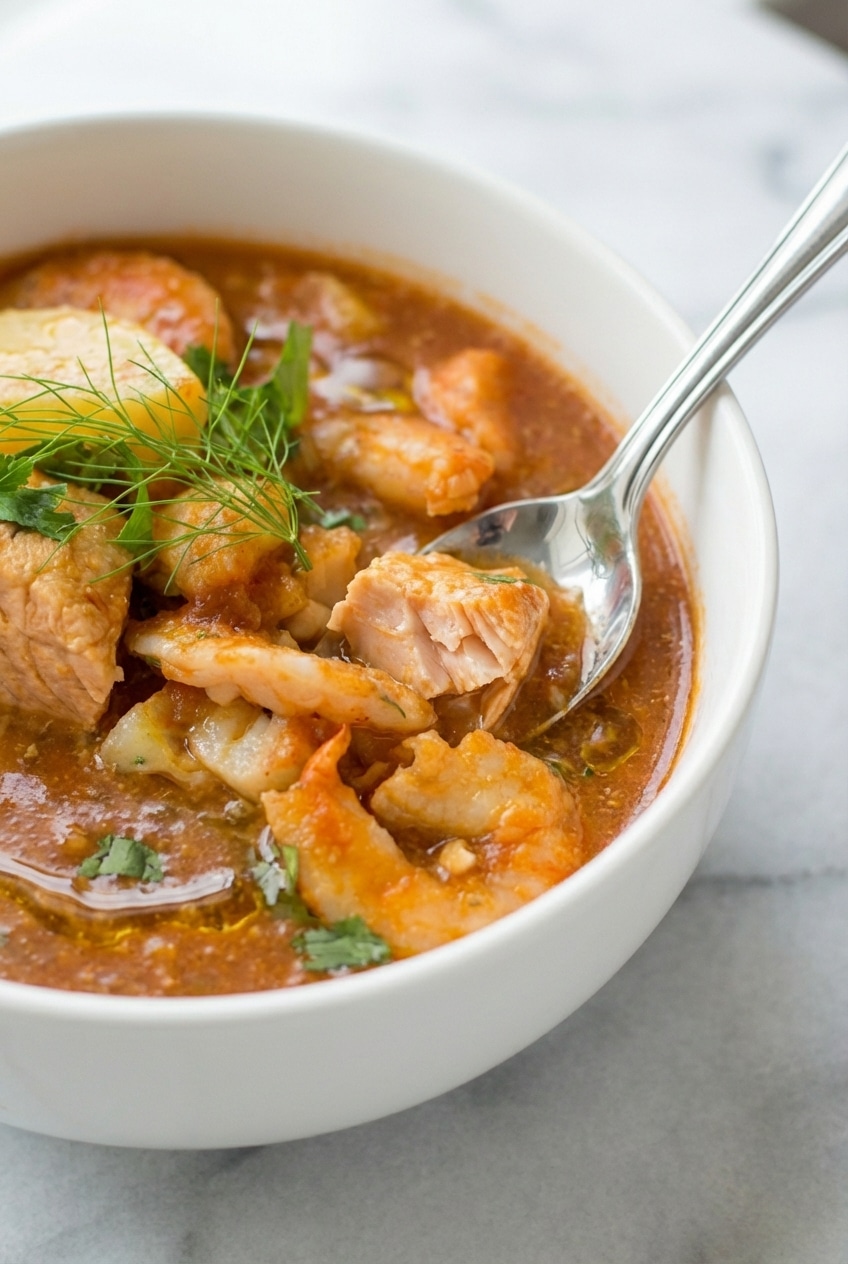 Ladle scooping slow cooker seafood stew with scallops and shrimp into a rustic ceramic bowl.