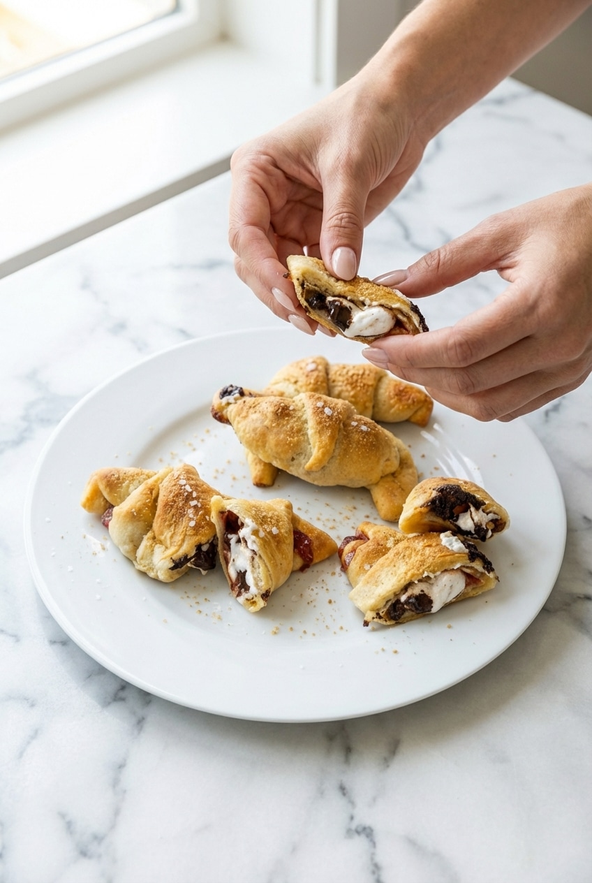A plate of S’mores Crescent Rolls lightly dusted with confectioners sugar and toasted graham cracker crumbs.