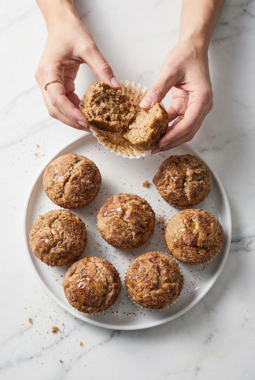 Two snickerdoodle muffins served on a plate, highlighting the tender crumb from the brown butter infusion.