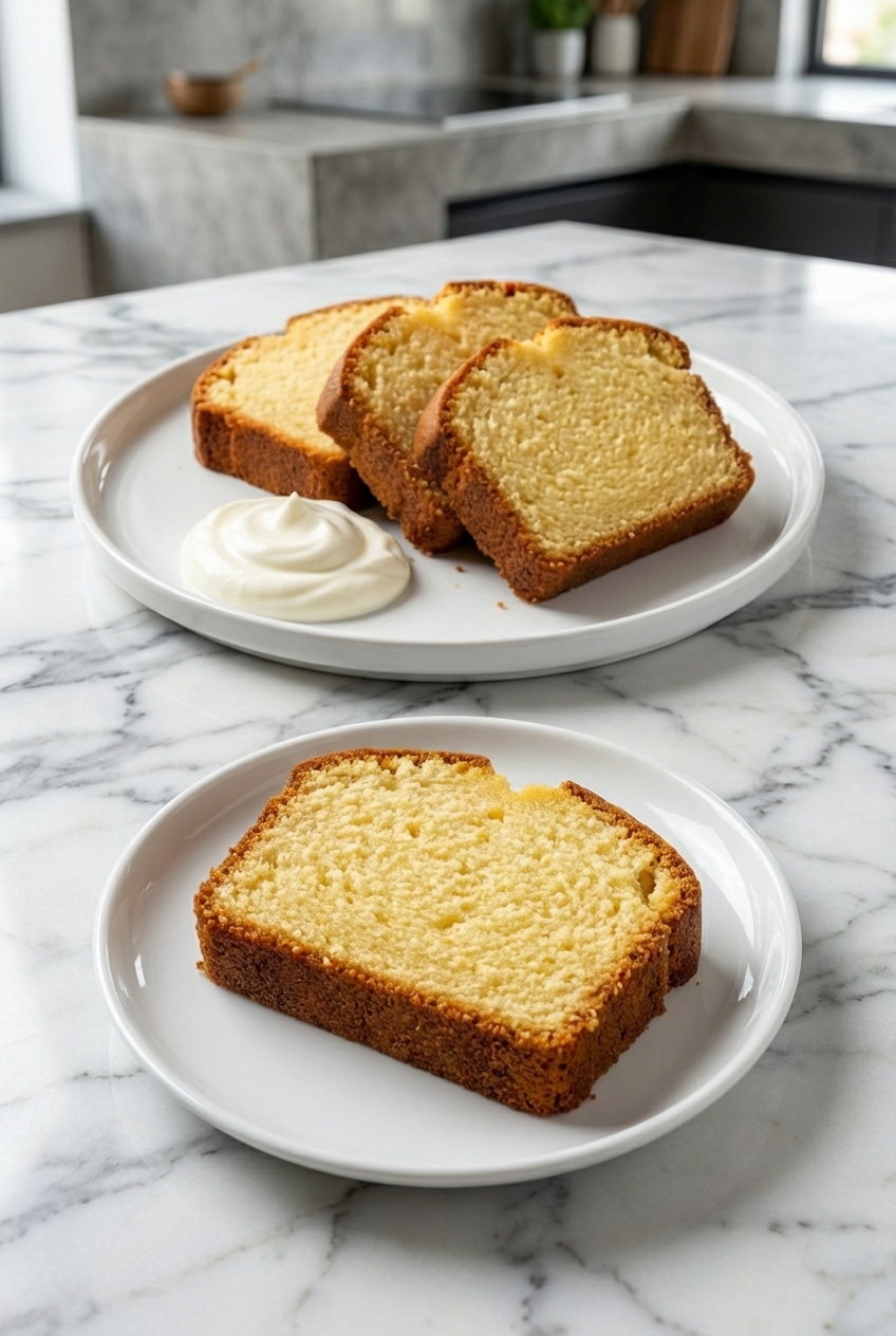 A thick slice from this pound cake recipe served on a plate, ready for storage or immediate enjoyment.