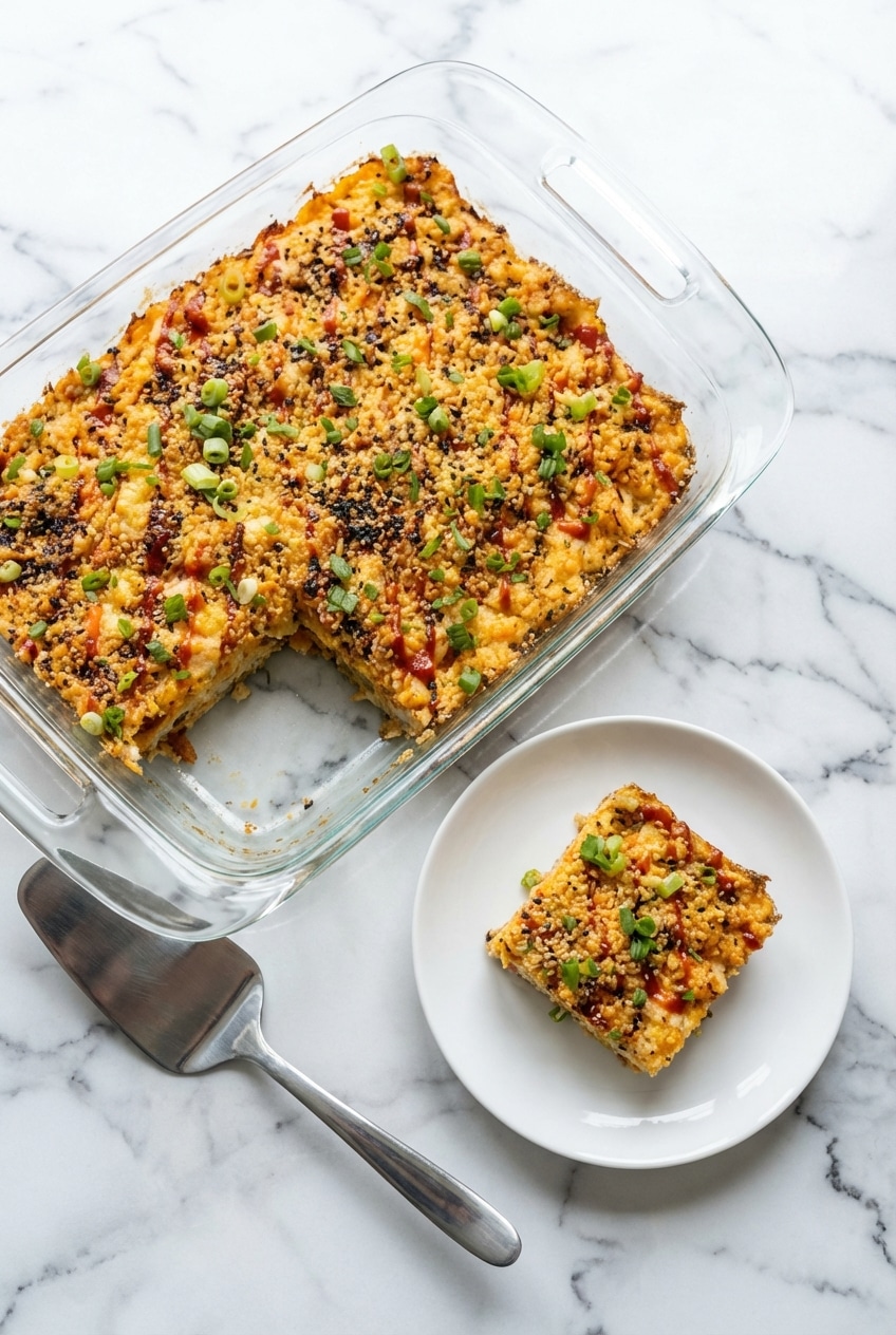 A casserole dish of Spicy Salmon Sushi Bake on a dining table ready to be served with a stack of Nori sheets.