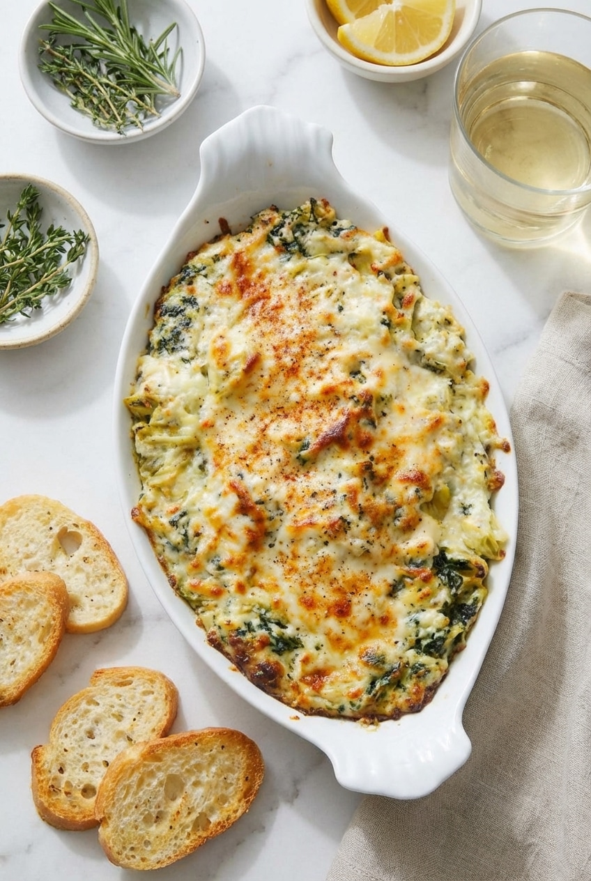 Spinach artichoke dip served on a wooden platter with crackers, ideal for game day snacks and appetizers.