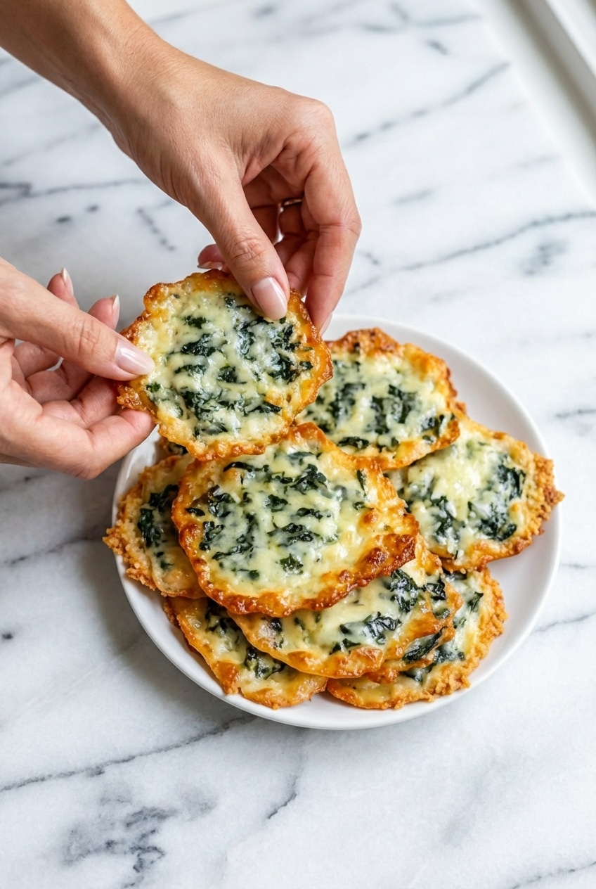 Spinach dip cheese crisps cooling on a wire rack over parchment paper, ready to be served.