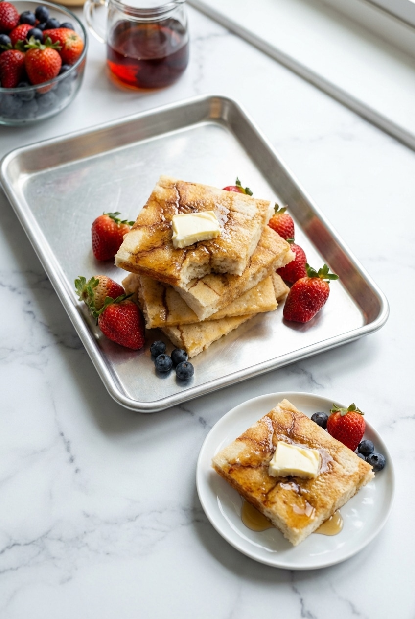 Squares of meal prep breakfast sheet pan pancakes stacked neatly and drizzled with rich maple syrup.