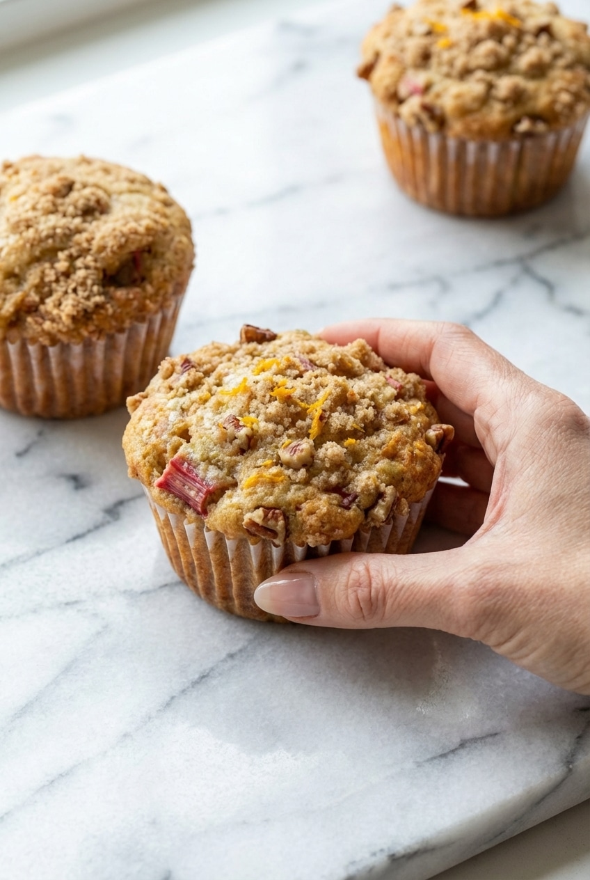 Two rhubarb muffins served on a white plate next to a cup of coffee for a cozy breakfast.