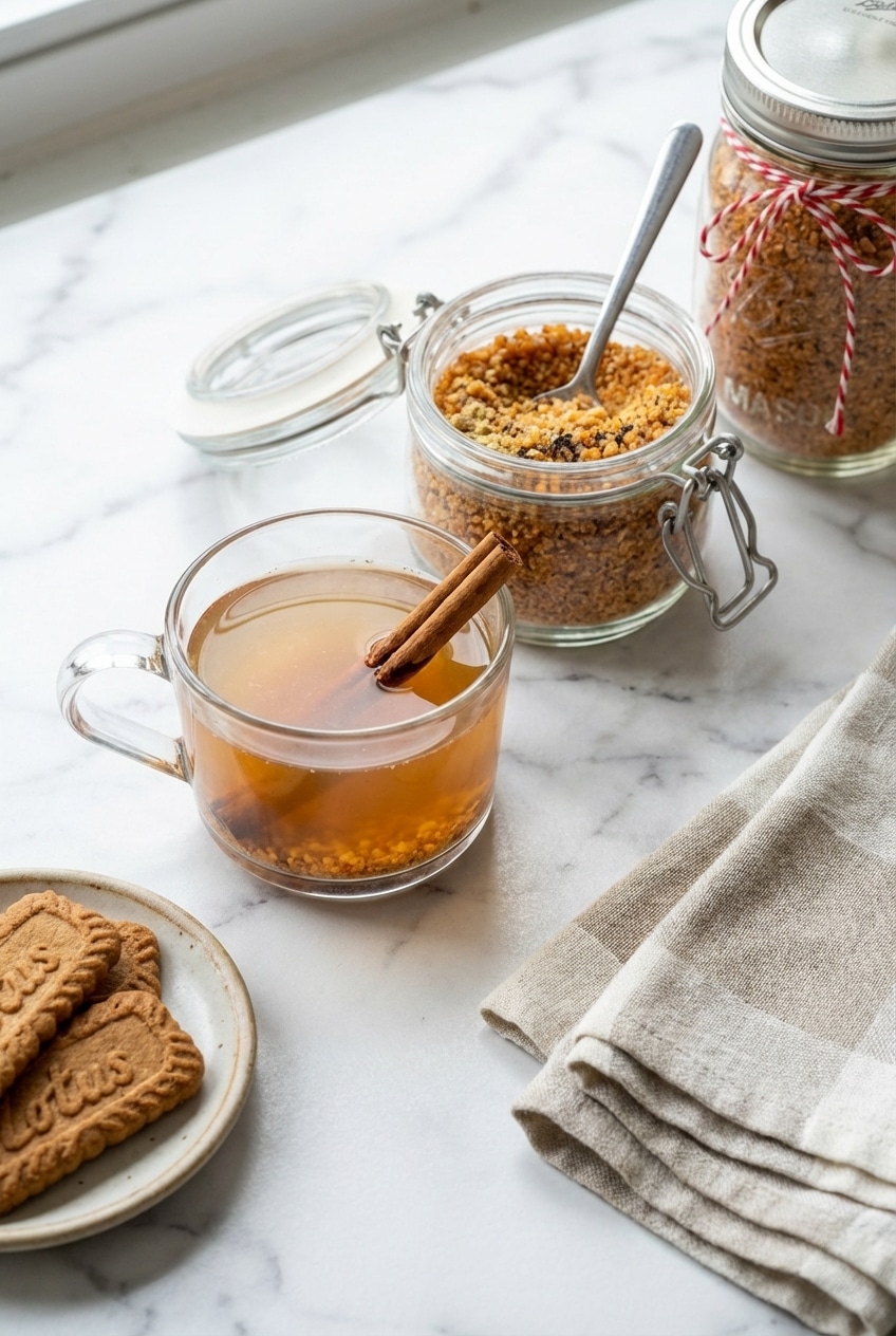 Spiced friendship tea recipe mix inside clear Mason jars, ideal for holiday gift ideas.