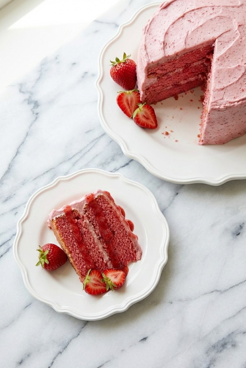 Plated strawberry cake mix recipe dusted with confectioners sugar and ready for a garden party serving.