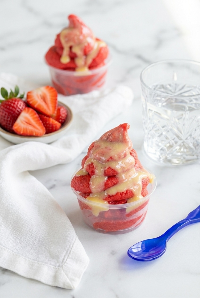 Strawberry dole whip served in small bowls on a wooden table, perfect for a summer dairy-free dessert.