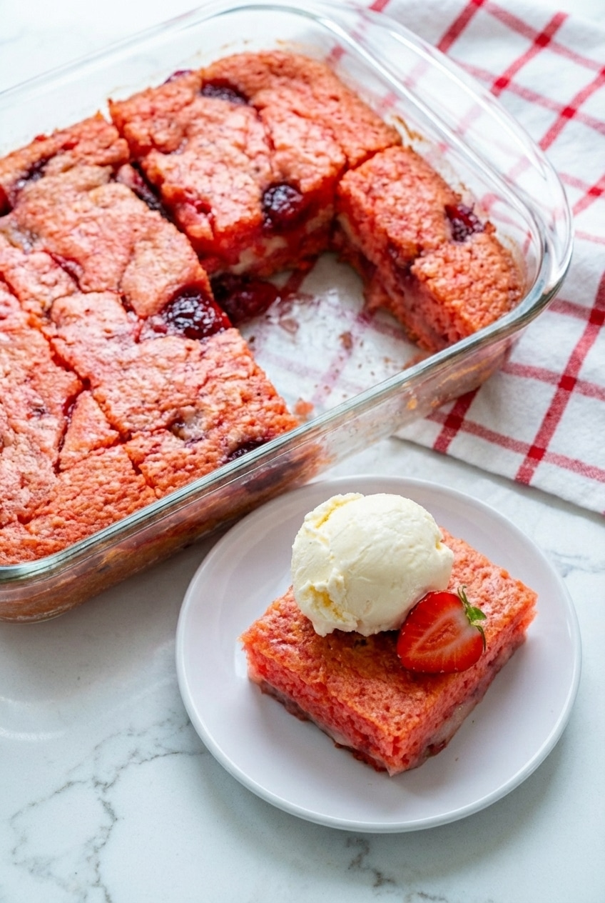 A slice of Strawberry Earthquake Cake on a plate topped with whipped topping and fresh strawberry slices.