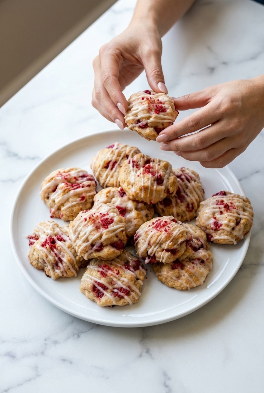 Strawberry shortcake cookies arranged on a wire cooling rack with fresh macerated strawberries on the side.