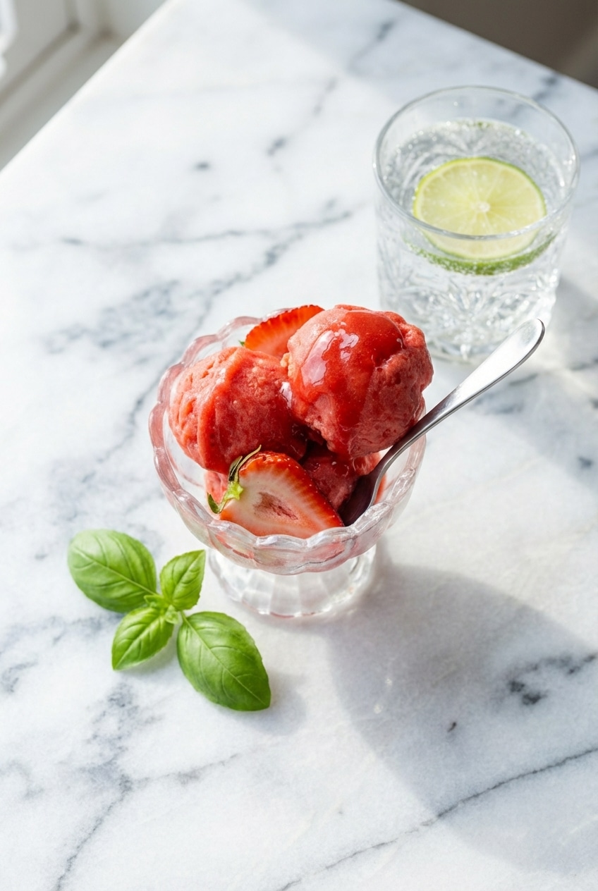 A single scoop of bright strawberry sorbet in a small dessert glass, garnished with a fresh mint sprig on a white plate.