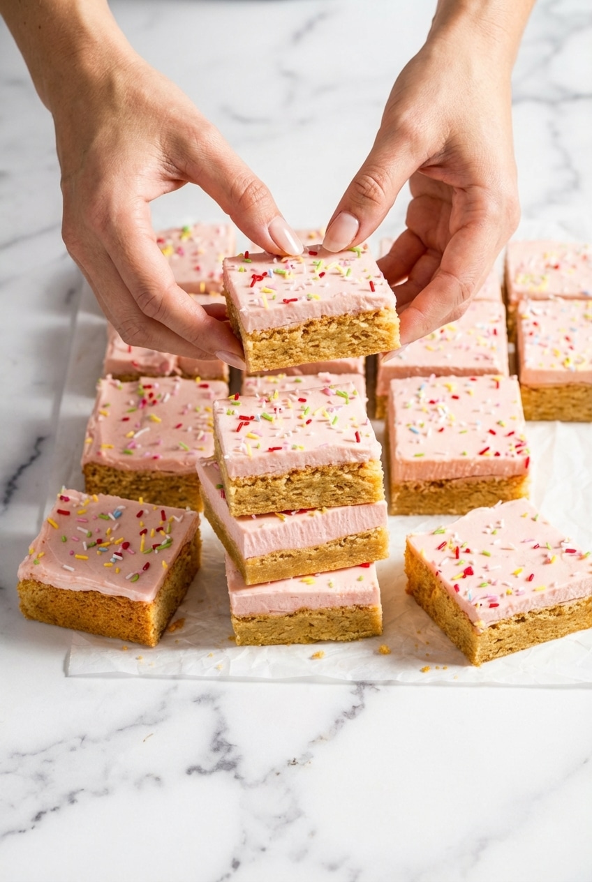 Stacked sugar cookie bars on a serving platter ready for a party or family gathering.