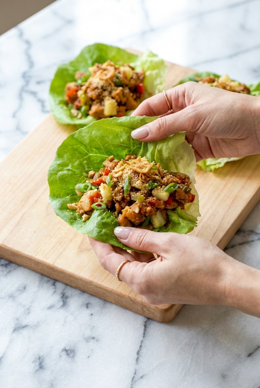 Thai Chicken Lettuce Wraps arranged on a serving platter with lime wedges ready for a family meal