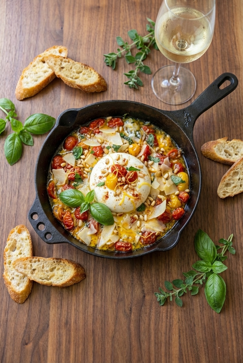 Serving a burrata appetizer with toasted crostini and fresh basil on a platter.