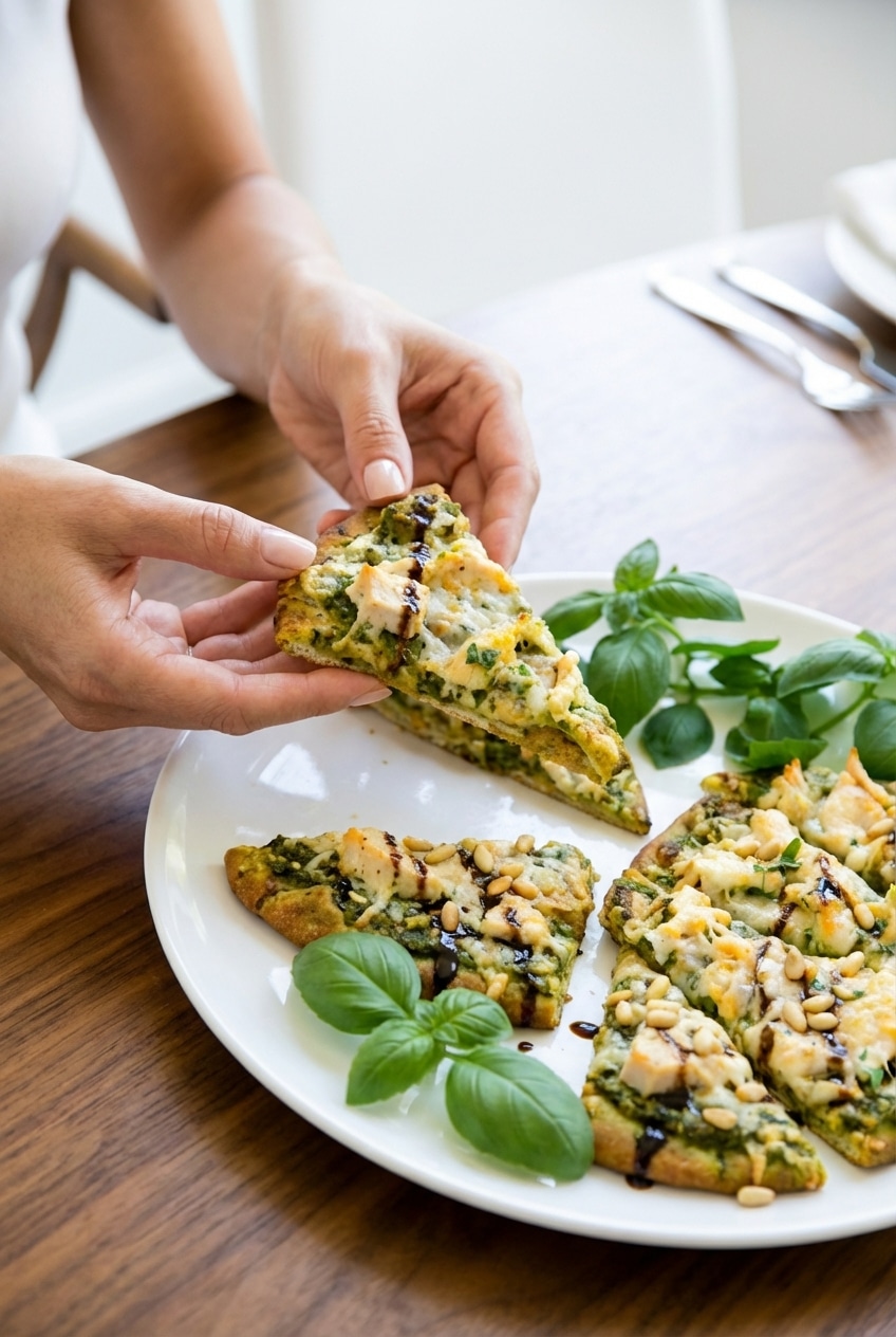 A sliced chicken pesto flatbread garnished with sun-dried tomatoes and fresh mozzarella on a wooden serving board.