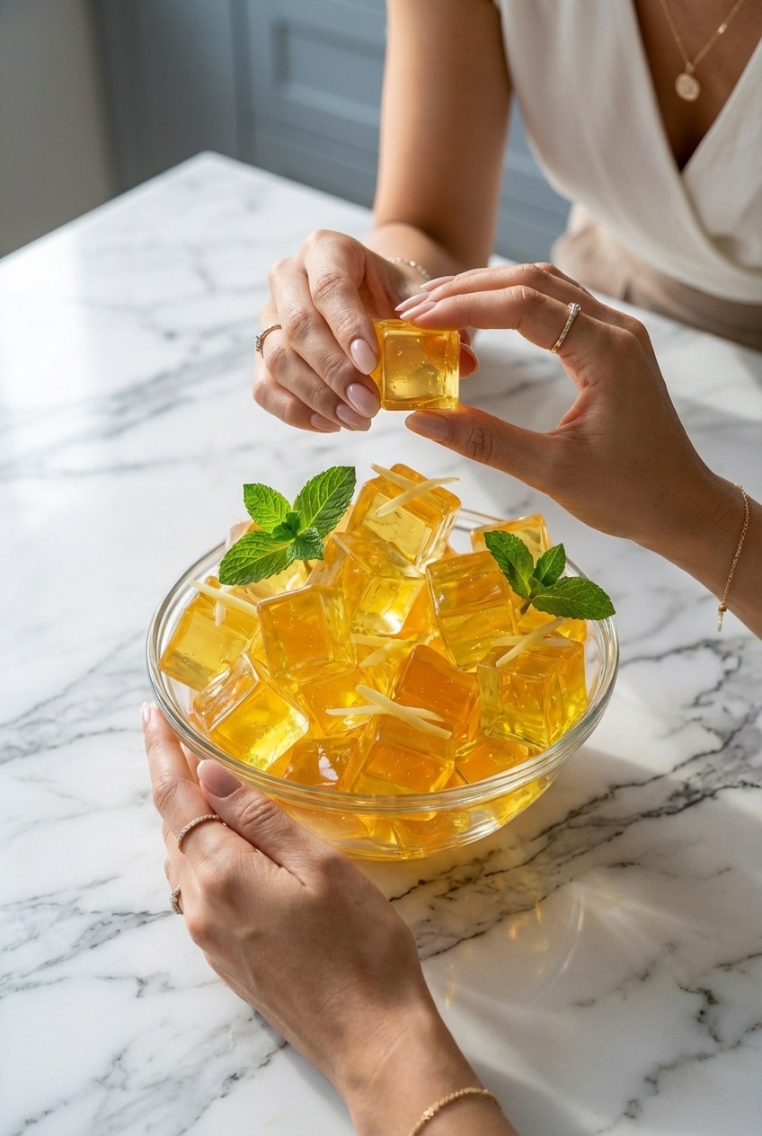 Sliced squares of the gelatin diet trick recipe served on a modern plate for a healthy lifestyle snack.