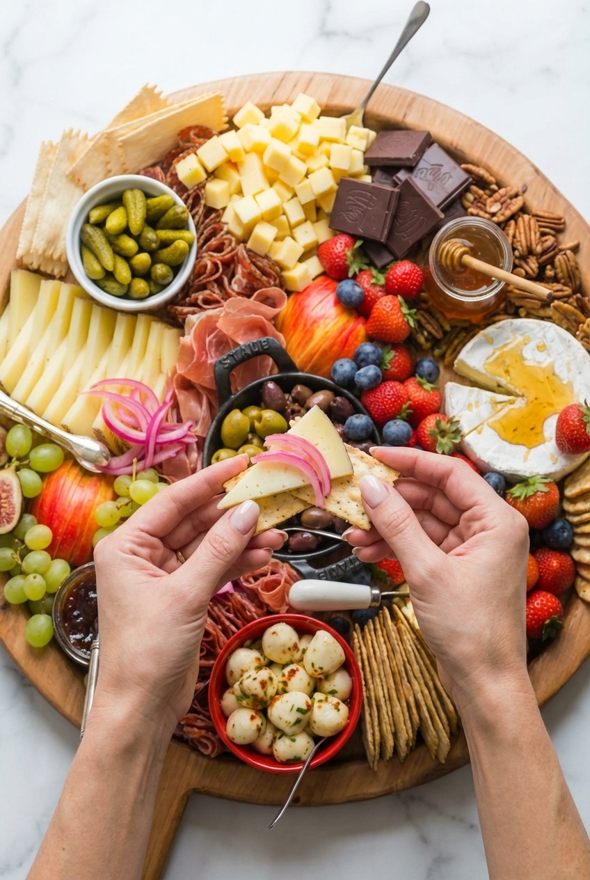 A festive charcuterie board set on a wooden table with gluten-free crackers and a variety of textures.