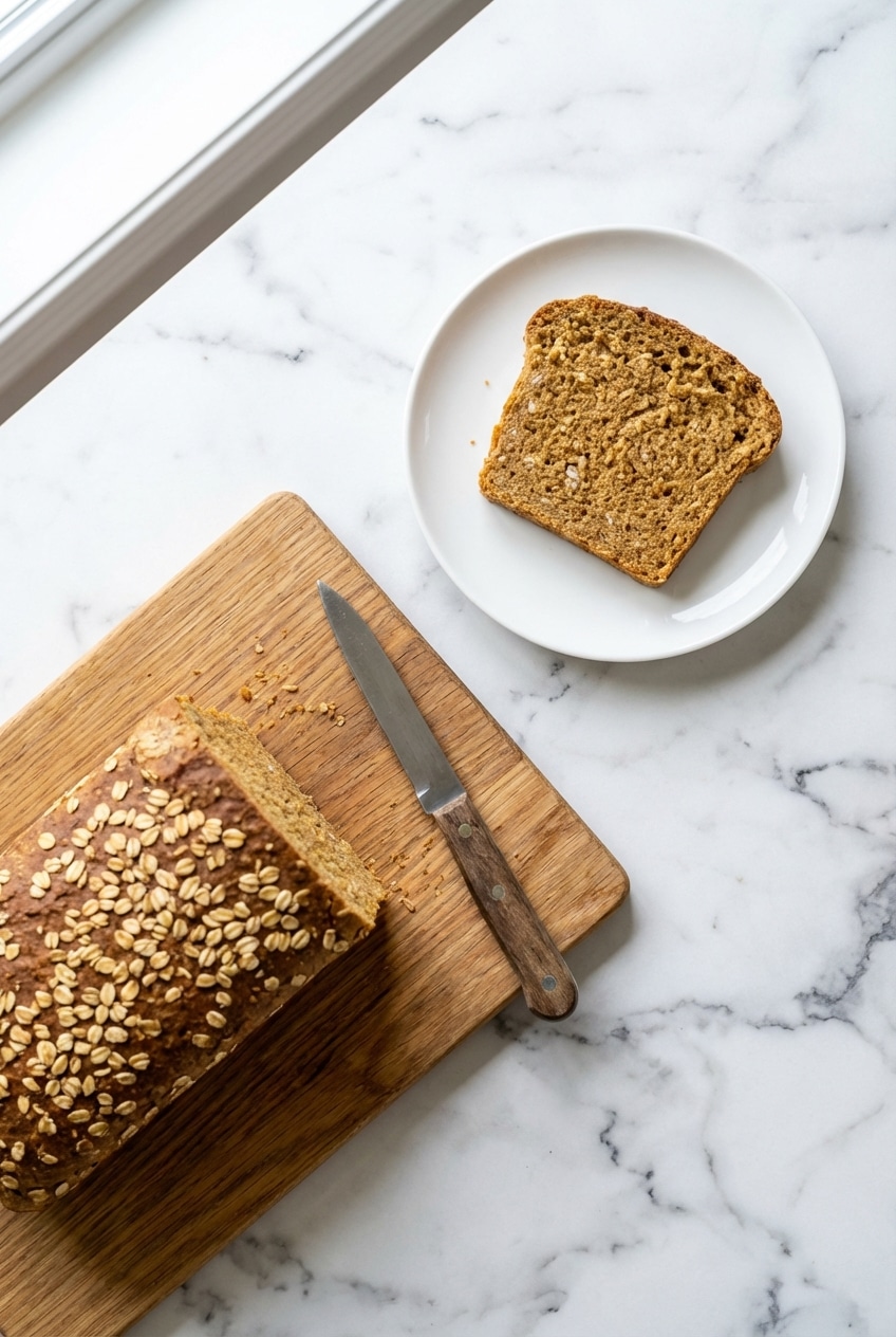 Slices of toasted oatmeal bread served with honey and butter on a clean kitchen table.