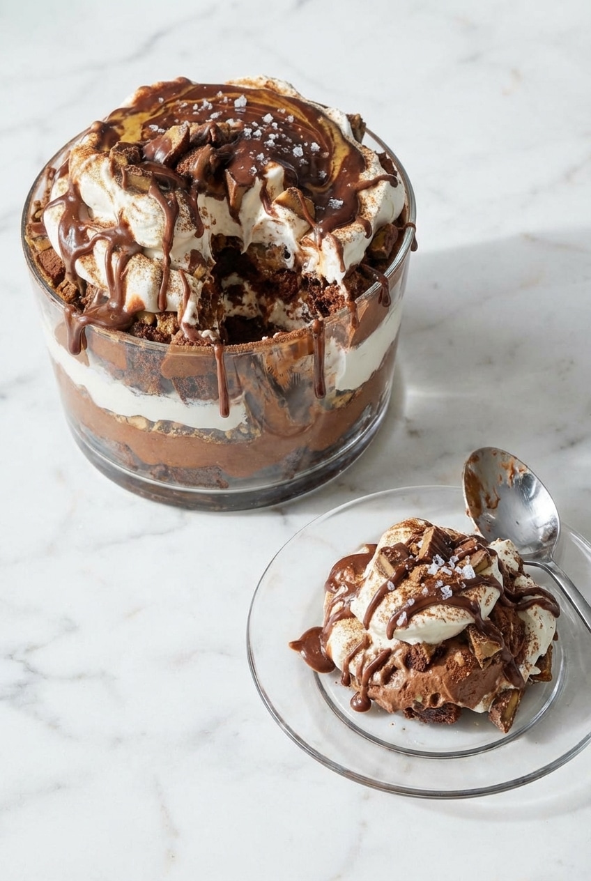 A single serving of triple chocolate trifle in a dessert cup topped with tempered chocolate curls.