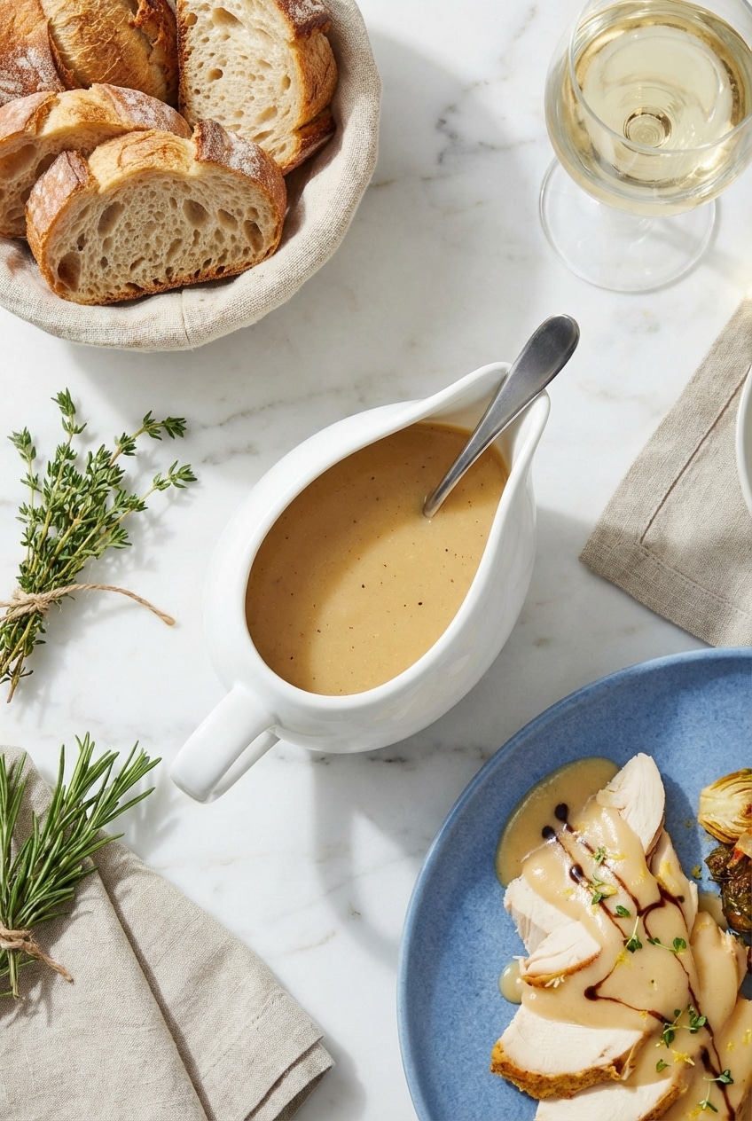 A festive dinner table featuring a bowl of turkey gravy served alongside roasted poultry and fresh herbs.