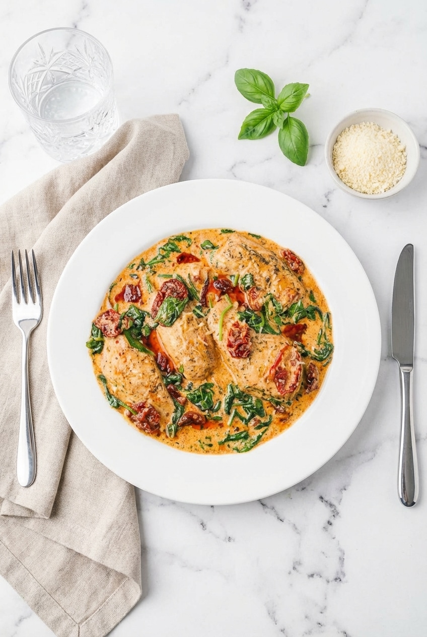 A plated serving of crockpot tuscan chicken recipe over pasta, garnished with fresh herbs for a cozy dinner.