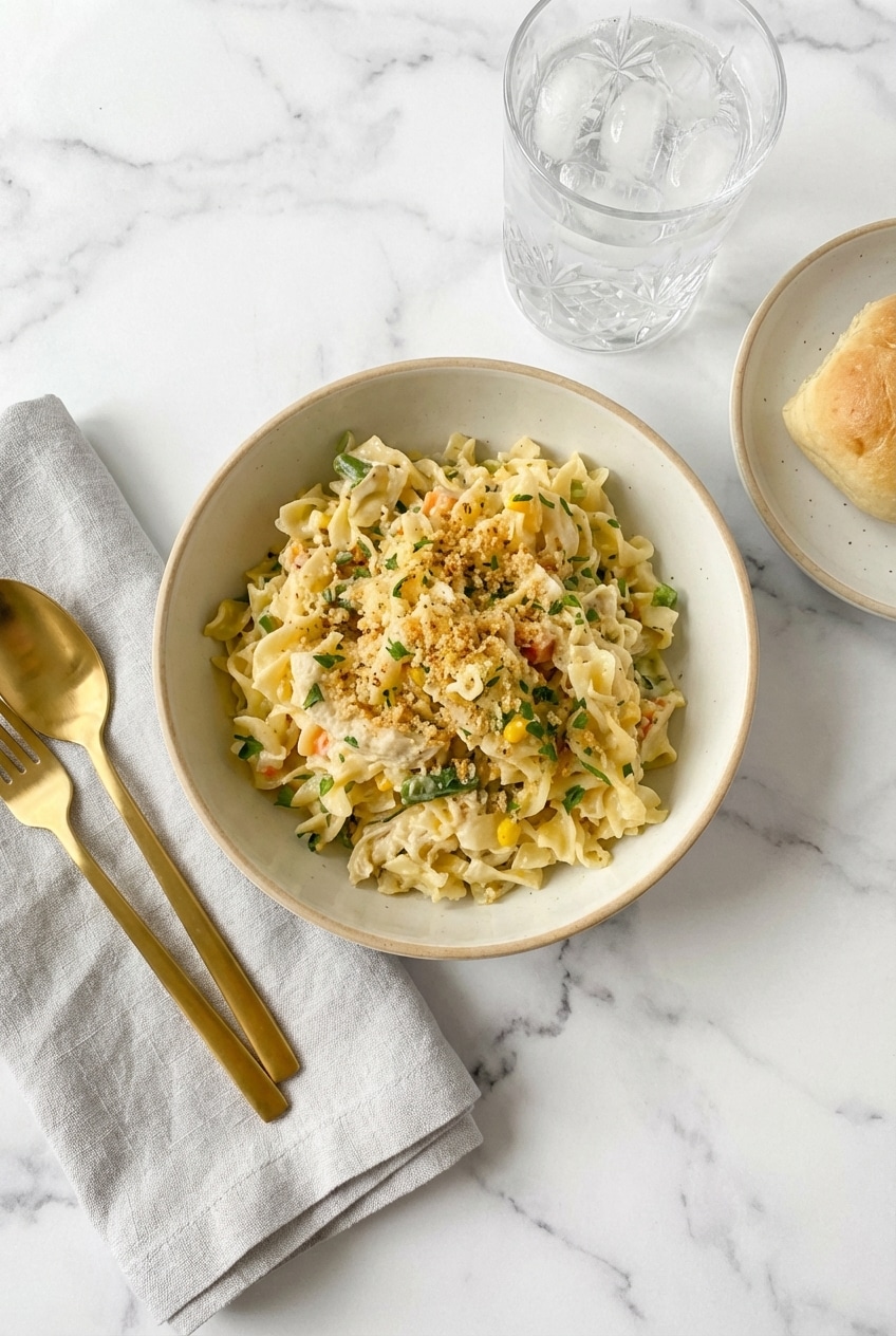 Scooping a warm, comforting portion of our chicken pot pie pasta recipe from a rustic skillet onto a dinner plate.
