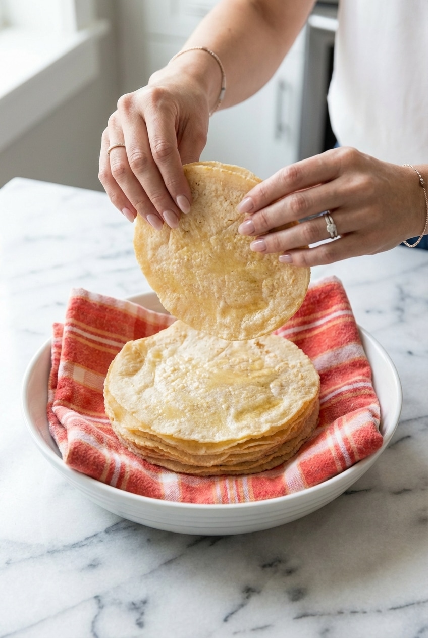 A fresh stack of corn tortillas wrapped in a clean cloth towel to keep them warm and tender for serving.