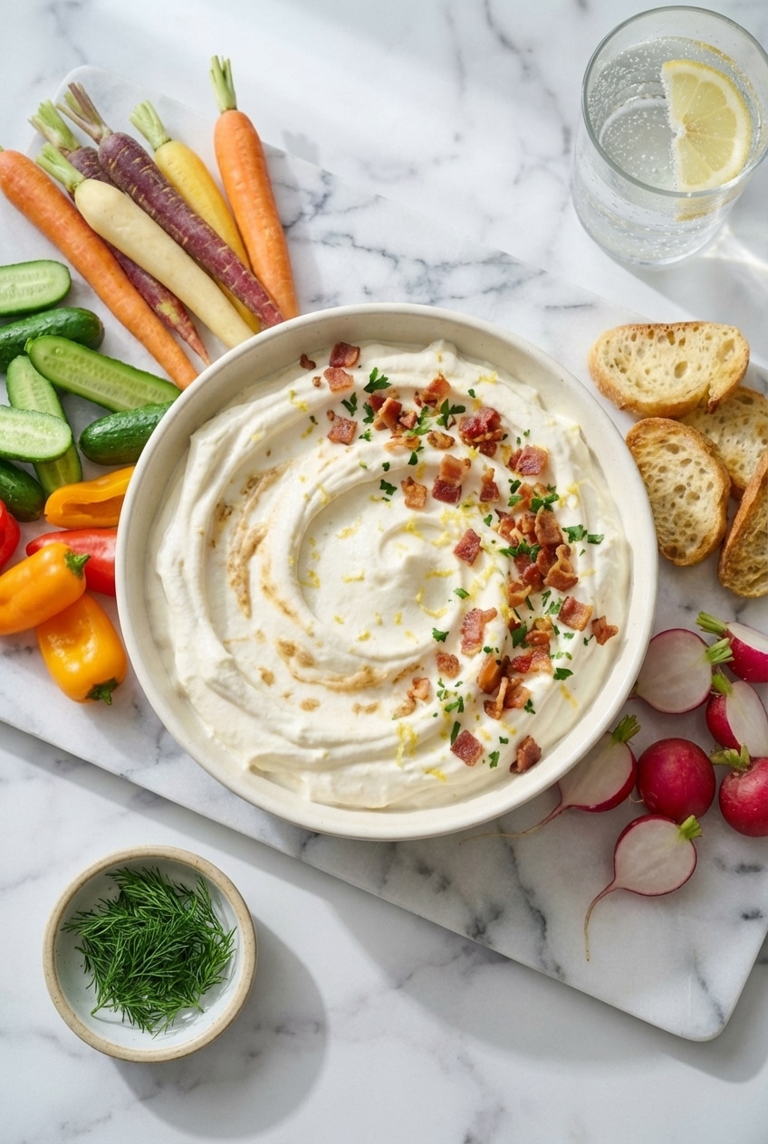 Whipped goat cheese appetizer served on a platter with colorful crudités, crostini, and crispy pancetta.
