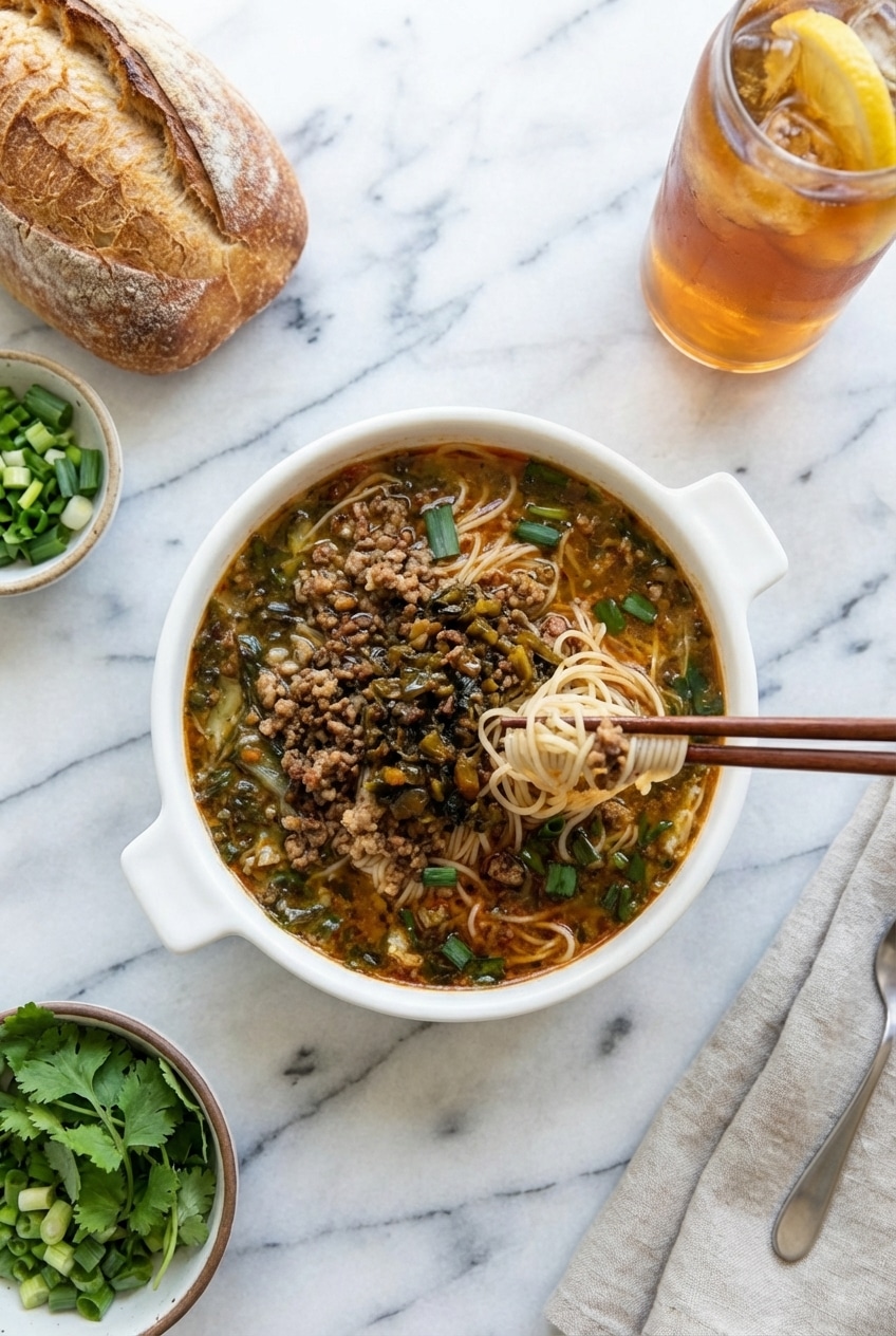 A served bowl of Yunnan rice noodle soup next to extra chili oil and a side of fermented pickles.