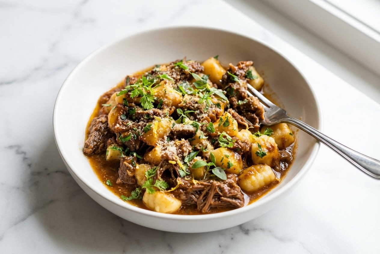 Short Rib Ragu over pappardelle with a glossy Monte au Beurre finish and bright acidity.