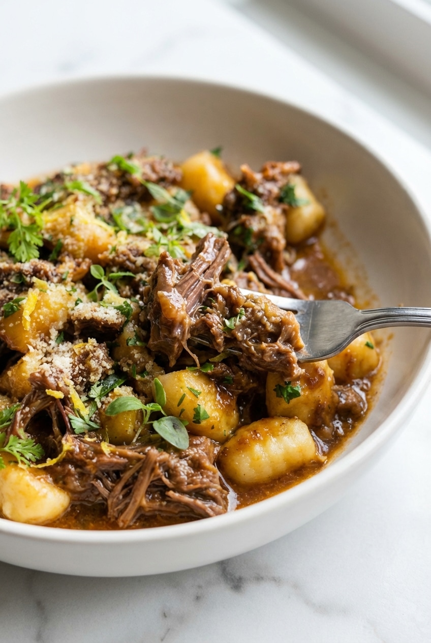 Short Rib Ragu simmering in a Dutch oven, showcasing the emulsification and glossy sauce texture.